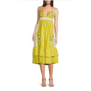 Fanm Mon Yamile Floral Embroidered Halter‎ Tie Neck Midi Dress Size XS